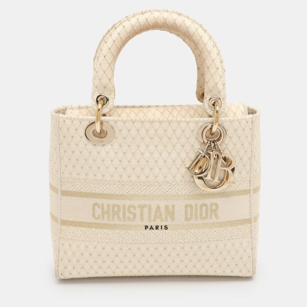 Dior Lady D-Lite Medium Cream/gold Embroidered Canvas Tote
